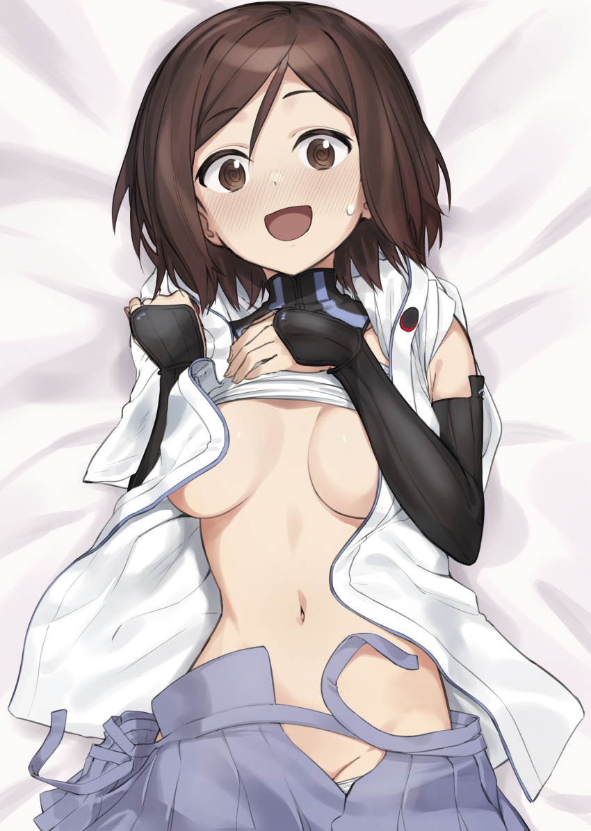 1girl @_@ absurdres blush breasts brown_eyes brown_hair covered_nipples fankupl groin hakama hakama_short_skirt hakama_skirt highres japanese_clothes kuroda_kunika looking_at_viewer lowleg lowleg_panties lying medium_breasts navel noble_witches on_back open_mouth panties short_hair skirt smile solo stomach symbol-only_commentary underwear world_witches_series