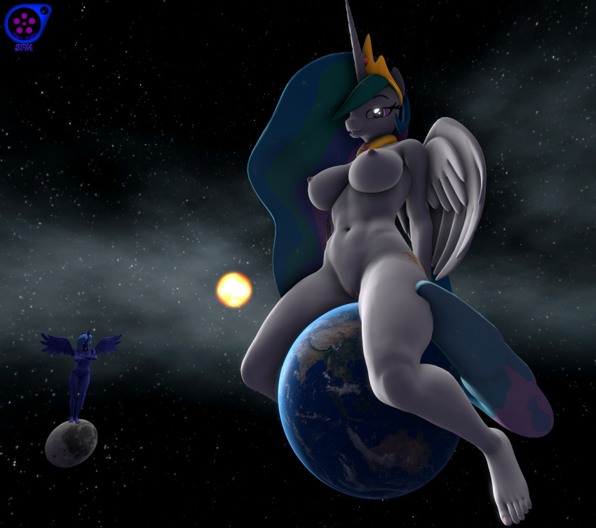 3d_(artwork) anthro blue_body blue_eyes blue_skin crossed_arms crown digital_media_(artwork) earth equid equine eyelashes feet female friendship_is_magic genitals hasbro hi_res horn long_mane macro mammal mane moon my_little_pony navel nude pink_eyes planet princess_celestia_(mlp) princess_luna_(mlp) pussy rainsstudio space star sun white_body white_skin winged_unicorn wings