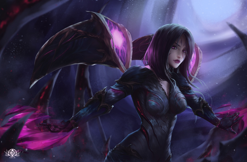 1girl absurdres artist_name bangs black_bodysuit blurry blurry_background bodysuit breasts cowboy_shot facial_mark geus_(just_geus) glowing highres kai'sa large_breasts league_of_legends long_hair long_sleeves looking_at_viewer parted_bangs pink_eyes purple_hair shiny shiny_hair solo upper_body wings