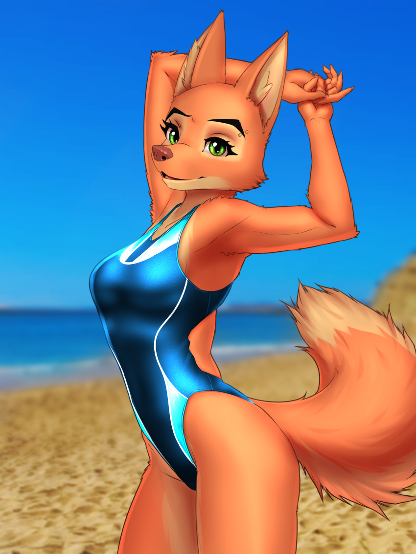 2022 3:4 5_fingers absurd_res anthro beach blue_clothing blue_topwear canid canine clothing diane_foxington dreamworks female fingers fox green_eyes hi_res looking_at_viewer mammal mykegreywolf one-piece_swimsuit pose sand sea seaside sky smile solo sport_swimsuit swimwear the_bad_guys topwear water