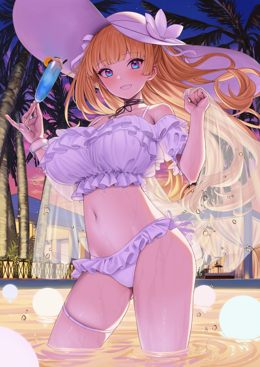 1girl backlighting bangs bare_shoulders bikini blonde_hair blue_eyes blush breasts champagne_flute collarbone commentary cup drinking_glass evening eyebrows_visible_through_hair frilled_bikini frills grin hands_up hat highres large_breasts light_blush lina_(michihasu) long_hair looking_at_viewer michihasu multicolored_eyes navel original outdoors palm_tree partially_submerged pinky_out pool see-through_shawl shawl smile solo sun_hat swimsuit thighs tree tropical_drink tsurime white_bikini white_headwear