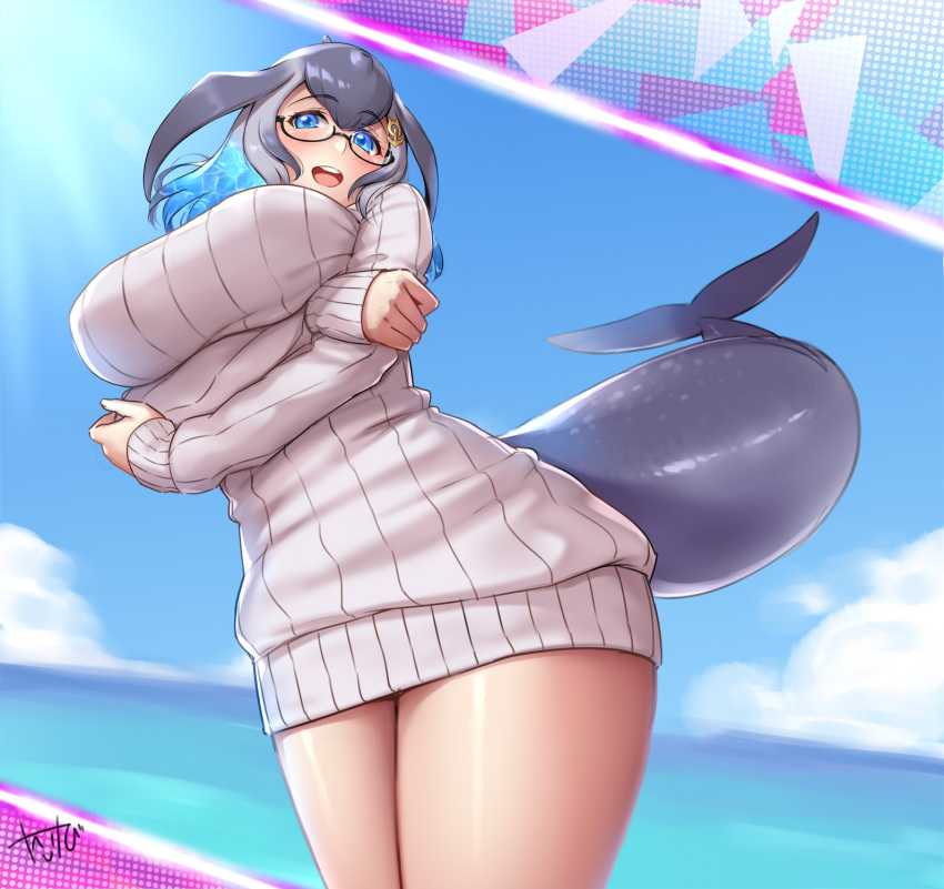 1girl anchor_hair_ornament arm_under_breasts black-framed_eyewear black_footwear blowhole blue_eyes blue_hair blue_whale_(kemono_friends) boots breasts cetacean_tail cowboy_shot dorsal_fin dress from_behind glasses grey_sweater hair_ornament highres huge_breasts japari_symbol kemono_friends kemono_friends_3 looking_at_viewer multicolored_hair ocean ribbed_dress ribbed_sweater semi-rimless_eyewear short_dress solo standing sweater sweater_dress takebi thigh_boots turtleneck two-tone_hair