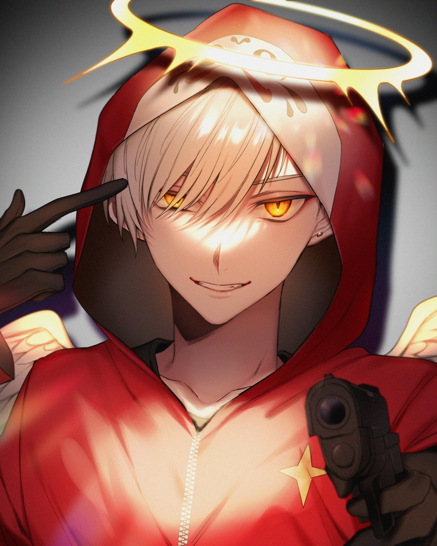 1boy absurdres bangs black_shirt brown_eyes chanms collarbone crazy_raccoon daruma_is_god eyebrows_behind_hair grey_background gun halo handgun highres holding holding_gun holding_weapon hood hood_up hoodie male_focus parted_lips pistol pointing pointing_at_viewer red_hoodie shirt smile solo weapon wings