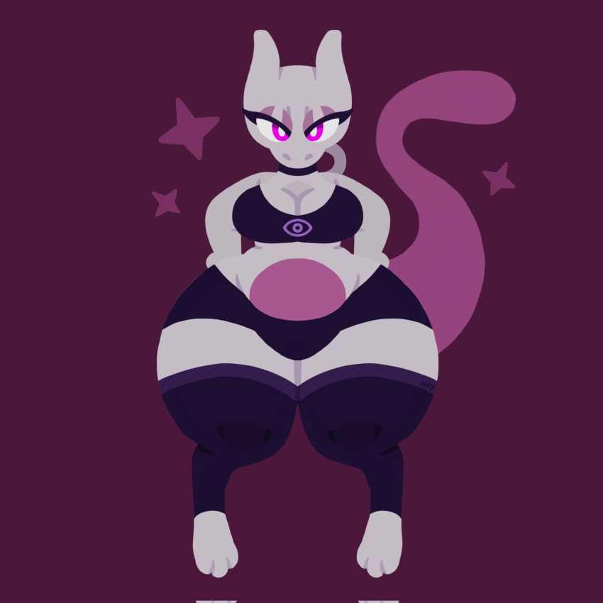 1:1 2022 anthro anthrofied belly_overhang bottomwear breasts cleavage clothed clothing colored digital_drawing_(artwork) digital_media_(artwork) eyelashes eyeshadow female footwear grey_body hi_res hotpants legendary_pok&eacute;mon legwear looking_at_viewer makeup mewtwo naycelium nintendo pok&eacute;mon pok&eacute;mon_(species) purple_body purple_eyes shorts slightly_chubby socks solo sparkles standing thigh_highs thigh_socks video_games