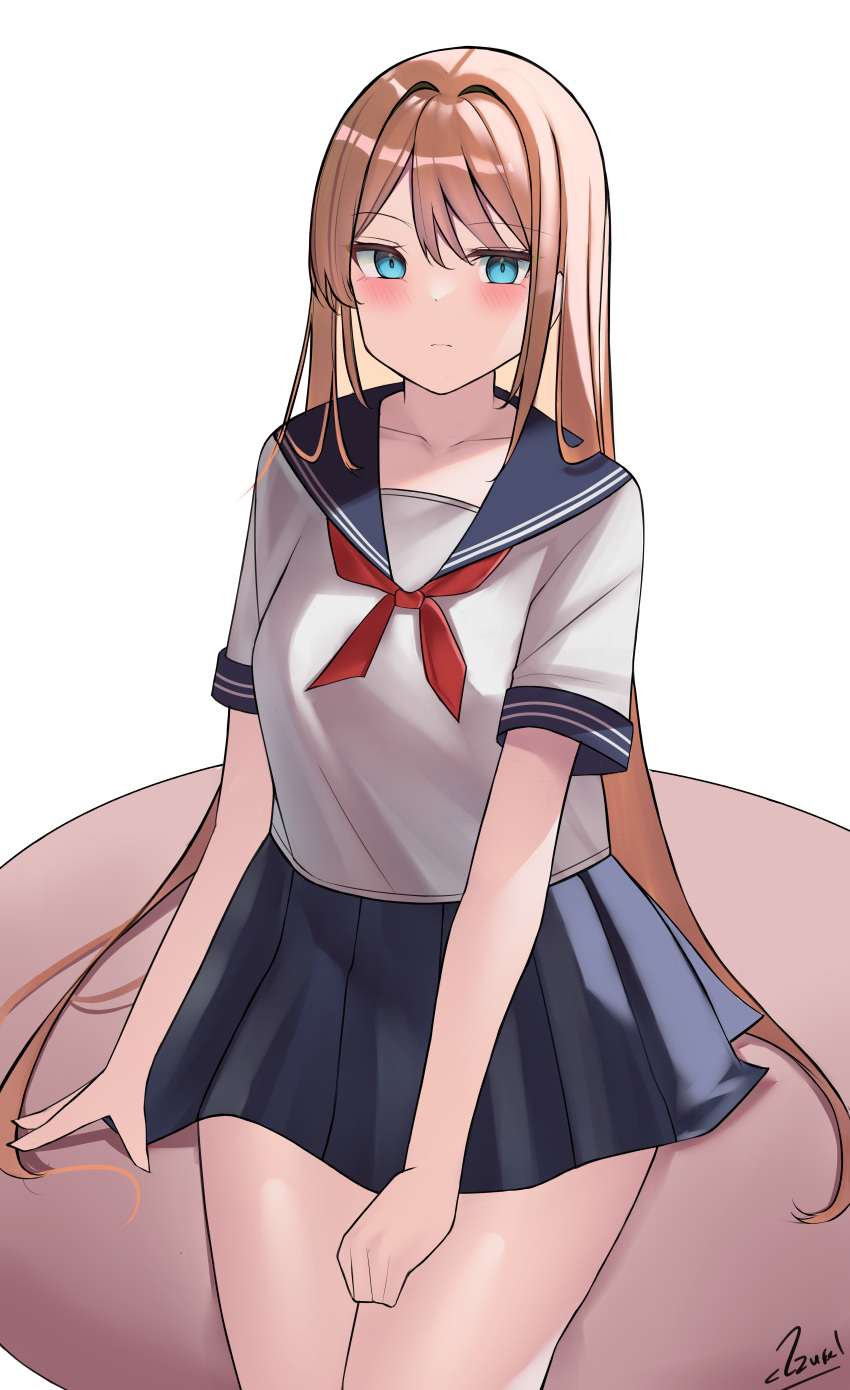 1girl absurdres arm_support azurel577 bangs blonde_hair blue_eyes blush eyebrows_visible_through_hair frown hair_intakes hand_on_own_thigh highres long_hair looking_at_viewer minigirl neckerchief on_finger original pleated_skirt school_uniform serafuku short_sleeves signature sitting skirt solo thighs very_long_hair