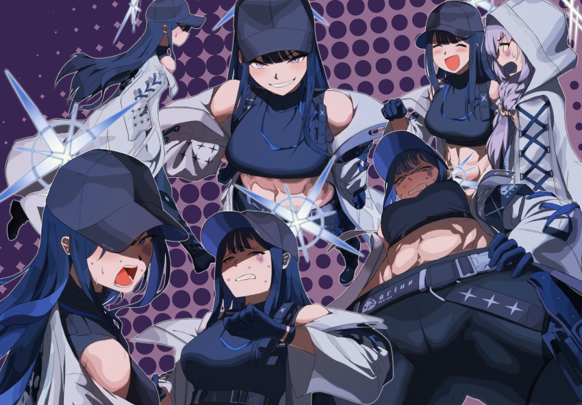 2girls abs absurdres armband atsuko_(blue_archive) bangs bare_shoulders baseball_cap belt black_belt black_footwear black_gloves black_hair black_headwear black_pants black_shirt blue_archive blue_eyes blush boots bow braid breasts chest_harness closed_mouth commentary cowboy_shot crop_top cross-laced_footwear dress eyebrows_visible_through_hair foreshortening from_above from_below full_body gloves grin groin hair_between_eyes hair_bow halftone halftone_background halo hand_on_hip hand_up hands_in_pockets harness hat highres holster hood hood_up hooded_jacket jacket knife knife_holster korean_commentary lace-up_boots long_hair looking_at_viewer low_twin_braids medium_breasts midriff multiple_girls multiple_views navel open_mouth pants penetration_gesture purple_hair saori_(blue_archive) shirt showling_(ups7) sidelocks sleeveless sleeveless_shirt smile snap-fit_buckle standing sweat teeth textless_version thigh_holster twin_braids underbust walking white_dress white_jacket