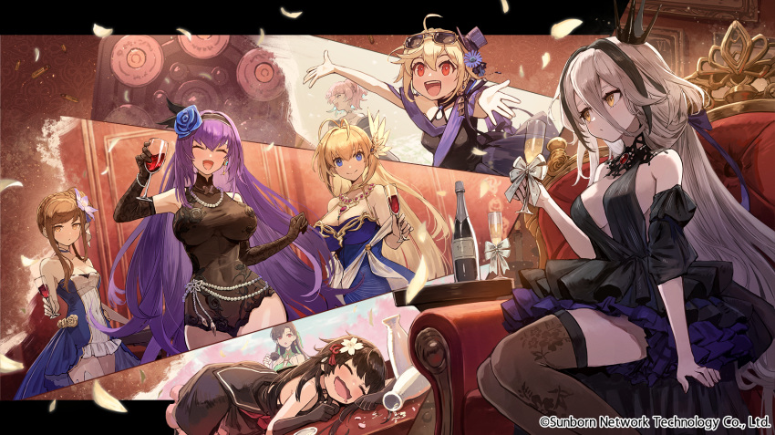 6+girls :o alcohol anniversary arm_up armchair bangs bare_shoulders black_dress black_gloves black_hair black_hairband black_legwear blonde_hair blue_dress blue_eyes blush bottle bracelet braid breasts brown_hair bullet chair champagne champagne_bottle chiappa_rhino chinese_text choko_(cup) cleavage closed_eyes closed_mouth collarbone commentary_request covered_navel crown cup defender_(girls'_frontline) dress earrings elbow_gloves english_text expressionless eyebrows_visible_through_hair eyewear_on_head feather_hair_ornament feathers feet_out_of_frame floral_print flower flute girls'_frontline glass gloves green_dress grey_hair gun hair_bun hair_flower hair_ornament hair_ribbon hairband hairclip handgun hanyang_type_88_(girls'_frontline) hat highres holding holding_cup instrument jewelry kuroi_susumu large_breasts light_brown_eyes long_hair looking_at_another looking_at_viewer looking_away lying medium_breasts medium_hair mini_hat mp-443_(girls'_frontline) multicolored_clothes multicolored_eyes multicolored_hair multiple_girls multiple_views nagant_revolver_(girls'_frontline) necklace official_alternate_costume official_art on_stomach open_mouth petals pink_hair promotional_art purple_hair purple_headwear purple_ribbon red_eyes red_ribbon revolver rhino_(girls'_frontline) ribbon sake sake_bottle shell_casing sitting sleeping small_breasts smile spill standing streaked_hair sunglasses table teeth thighhighs type_100_(girls'_frontline) type_64_(girls'_frontline) upper_teeth weapon wine wine_bottle yellow_eyes zb-26_(girls'_frontline)