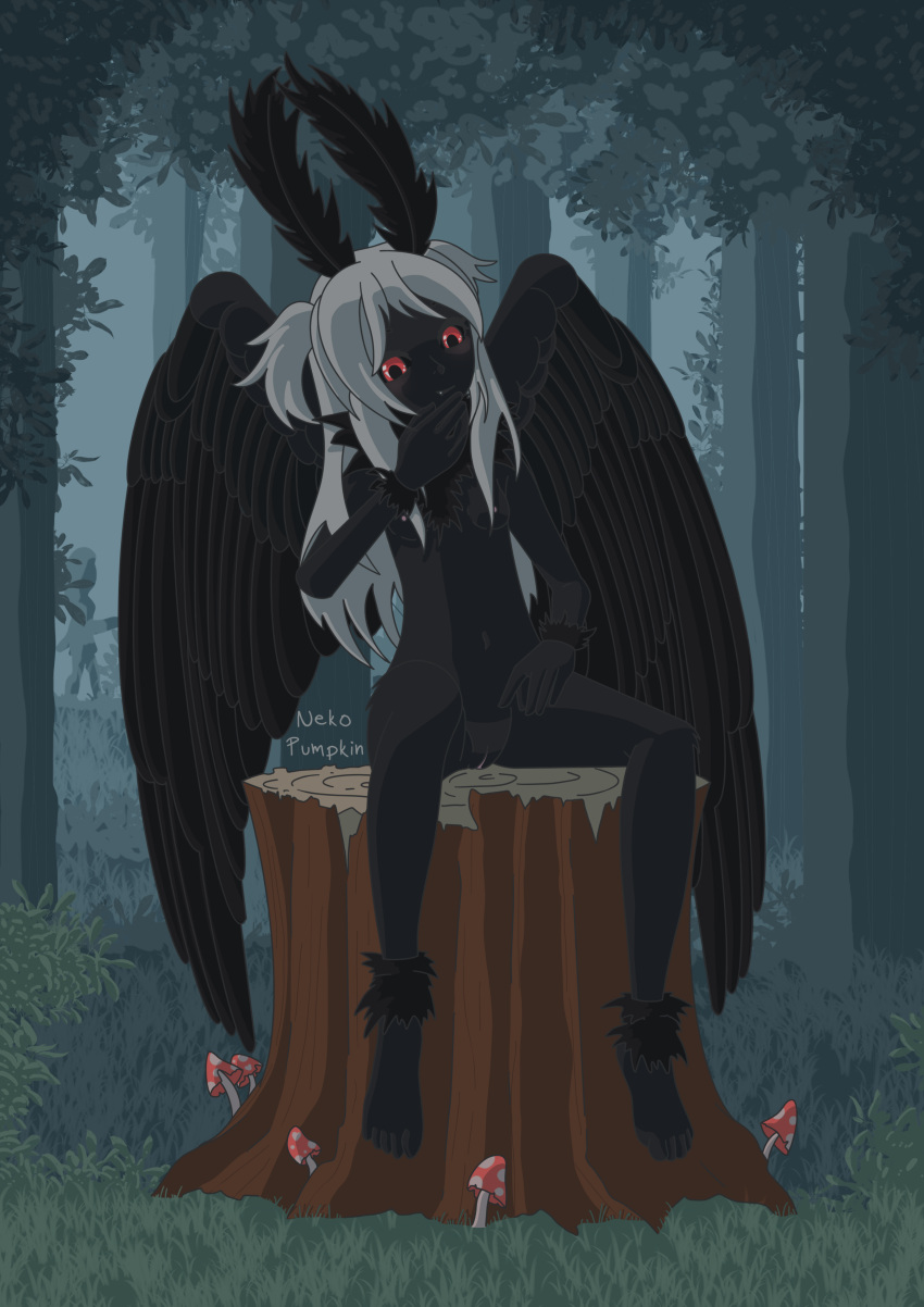 absurd_res animal_humanoid antennae_(anatomy) arthropod arthropod_humanoid black_body black_fur breasts covering covering_mouth cryptid fangs feet female forest forest_background fungus fur genitals grass hair hair_down hi_res humanoid insect insect_humanoid lepidopteran lepidopteran_humanoid long_hair looking_down monster moth moth_humanoid mothgirl_(nekopumpkin) mushroom nature nature_background neck_tuft nekopumpkin night nipples nude pigtails plant public pussy red_eyes sasquatch small_breasts smile solo spread_legs spreading tree tree_stump tuft white_hair wings