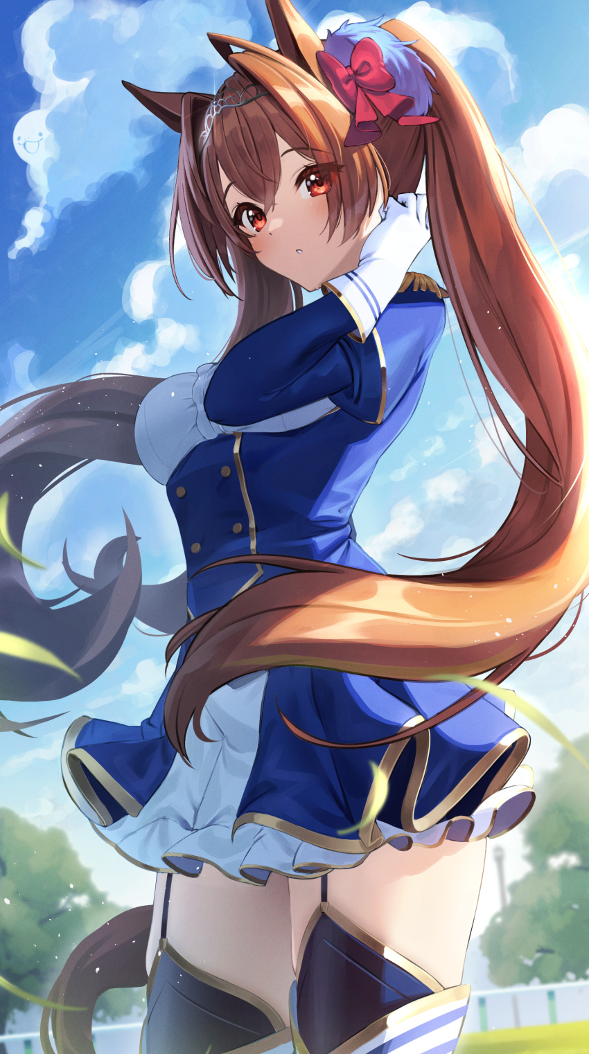 1girl :o absurdres animal_ears blue_sky bow breasts brown_hair cloud daiwa_scarlet_(umamusume) day epaulettes eyebrows_visible_through_hair garter_straps gloves grass hair_between_eyes hair_bow highres horse_ears horse_girl horse_tail long_hair looking_at_viewer medium_breasts outdoors red_bow red_eyes sky solo standing tail takom thighs tiara twintails umamusume white_gloves wind