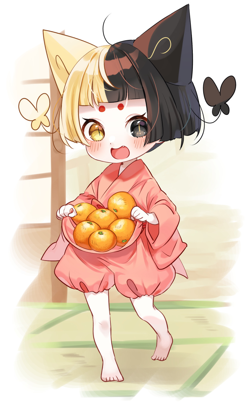 1girl absurdres amazakura bangs barefoot bemani black_eyes black_hair blonde_hair blunt_bangs blunt_ends blush bug butterfly carrying character_request child facial_mark fang food fruit heterochromia highres holding horns japanese_clothes long_sleeves looking_at_viewer multicolored_hair open_mouth orange_(fruit) short_hair shouji skirt_basket sliding_doors slit_pupils smile solo split-color_hair standing standing_on_one_leg wide_sleeves yellow_eyes