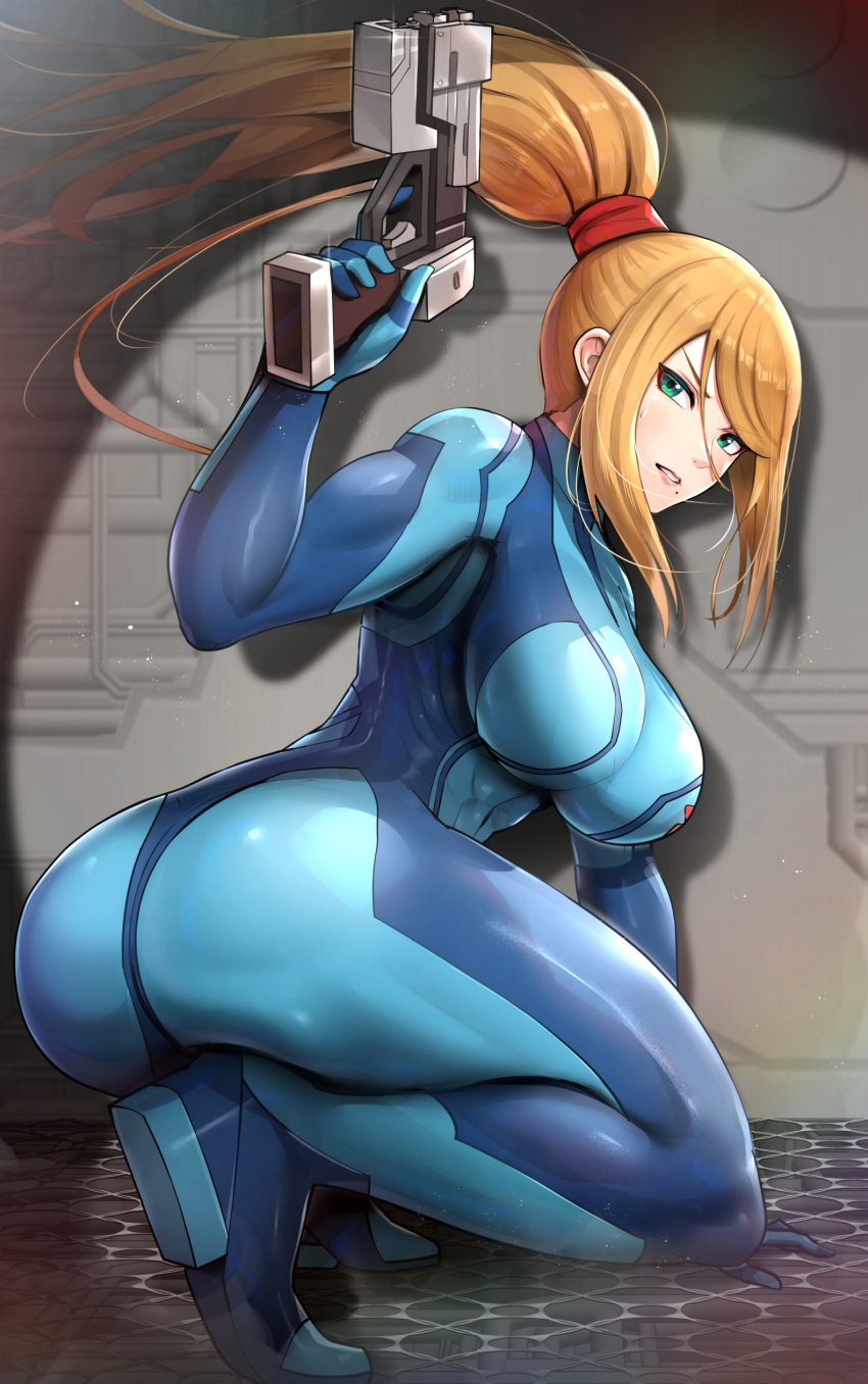 1girl abs absurdres aqua_eyes arm_support ass blonde_hair blue_bodysuit bodysuit breasts commentary_request gonzarez green_eyes gun high_heels highres holding holding_gun holding_weapon impossible_bodysuit impossible_clothes kneeling large_breasts legs long_hair looking_at_viewer metroid mole mole_under_mouth muscular parted_lips ponytail samus_aran sidelocks skin_tight solo squatting teeth thighs weapon zero_suit