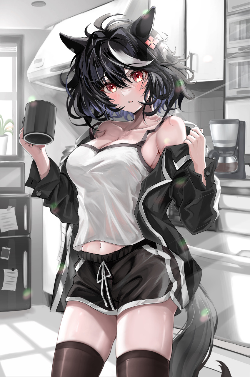 1girl absurdres animal_ears bare_shoulders black_hair camisole coffee_maker_(object) cup hair_ornament highres holding holding_cup horse_ears horse_girl horse_tail jacket kitasan_black_(umamusume) kitchen long_sleeves minifridge multicolored_hair navel open_clothes open_jacket plant potted_plant red_eyes ryuryu_mt short_hair short_shorts shorts solo streaked_hair tail thighhighs thighs umamusume white_hair window