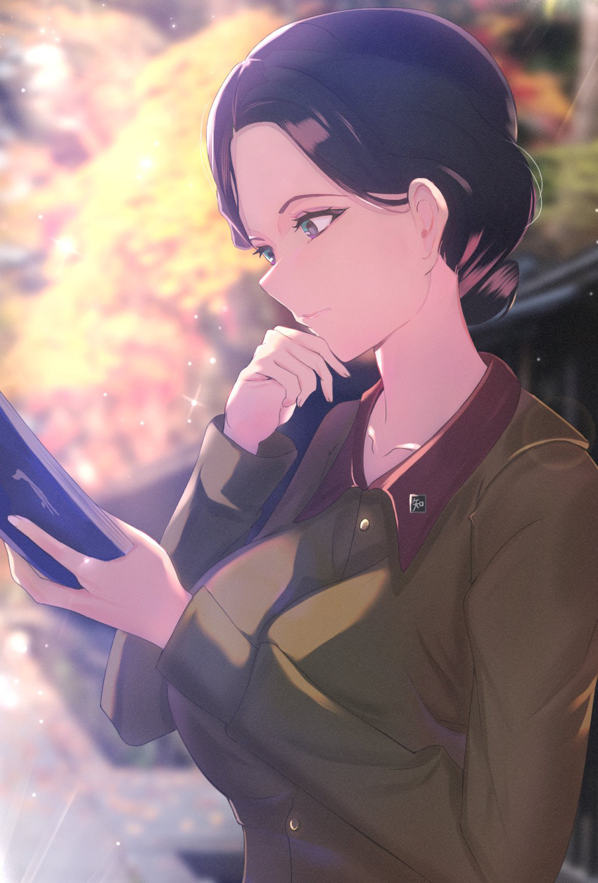 1girl black_eyes black_hair book breasts chi-hatan_military_uniform closed_mouth collarbone from_side girls_und_panzer green_jacket hamada_kiyo highres jacket large_breasts long_sleeves mamaa_(maeni6379) medium_hair outdoors solo sunlight