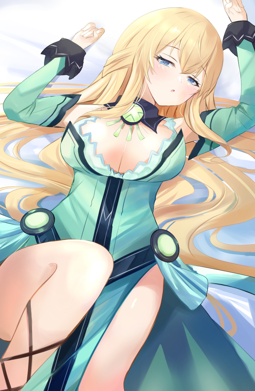 1girl bare_shoulders bimmy blonde_hair blue_eyes blush braid breasts cleavage dress eyebrows_visible_through_hair hair_between_eyes highres kami_jigen_game_neptune_v large_breasts long_hair looking_at_viewer neptune_(series) solo vert_(neptune_series)