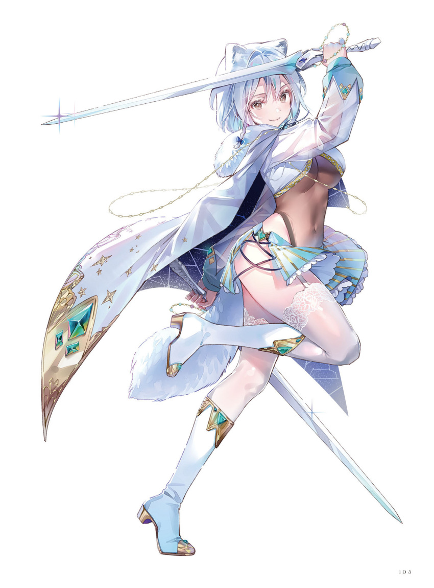 1girl bangs blue_hair boots breasts brown_eyes cape covered_navel dsmile dual_wielding full_body fur_trim garter_straps gold_trim gradient gradient_clothes high_heel_boots high_heels highleg highleg_leotard highres holding holding_sword holding_weapon knee_boots leg_up leotard long_sleeves looking_at_viewer miniskirt original page_number pleated_skirt see-through shiny shiny_hair shiny_skin short_hair simple_background skirt smile solo sword thighhighs thighs weapon white_background