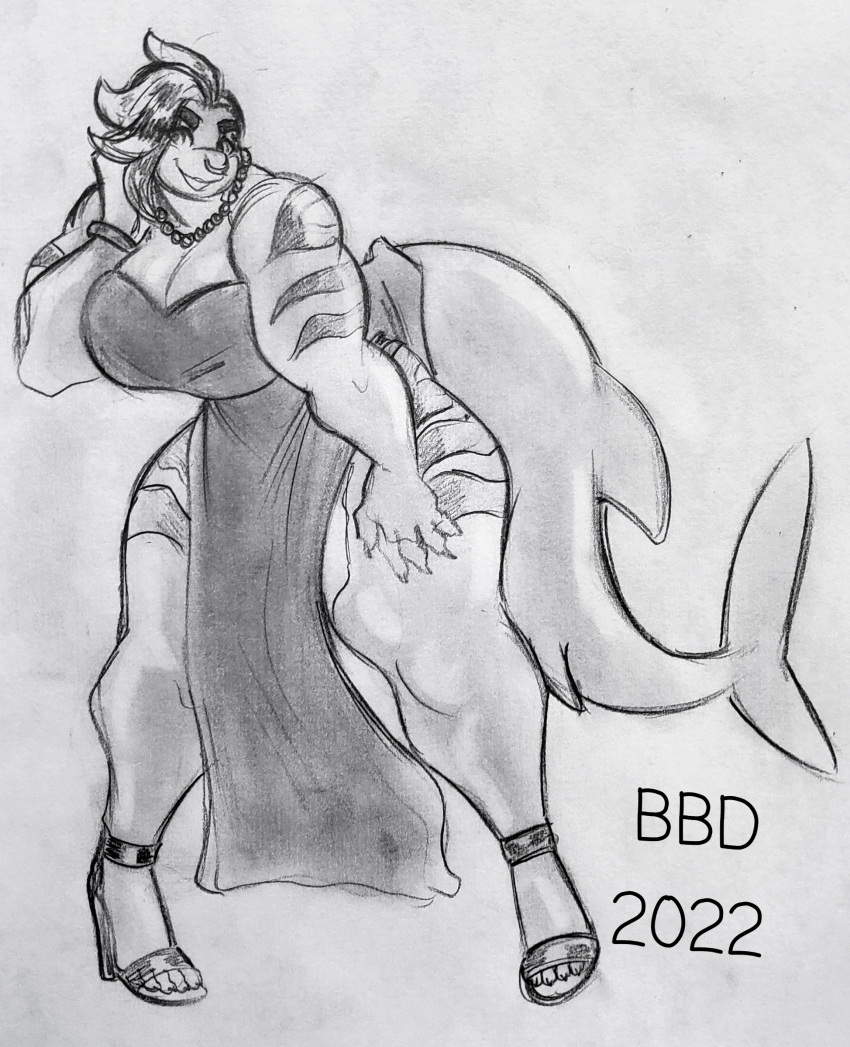 absurd_res anthro big_breasts boo_be_drawing bracelet breasts clothed clothing dress facial_piercing female fish flipsie footwear hair hi_res high_heels jewelry looking_at_viewer marine monochrome necklace nose_piercing nose_ring piercing seductive septum_piercing shark short_hair slightly_muscular smile solo stripes traditional_media_(artwork)