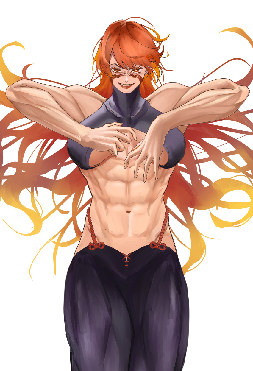 1girl abs absurdres bangs banryu_illust blonde_hair body_markings breasts detached_sleeves eyelashes facial_mark fuuma_kotarou_(tenkaichi) gradient_hair halter_top halterneck highres lips long_hair messy_hair multicolored_hair muscular muscular_female orange_hair purple_legwear red_eyes red_hair rope_belt smile tenkaichi_nihon_saikyou_bugeisha_ketteisen thick_thighs thighs white_background