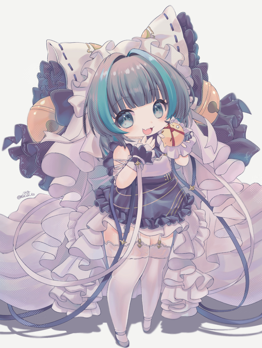 animal_ears ankle_strap aqua_eyes arm_garter azur_lane balloon bell bird chick dress fake_animal_ears fang frilled_hairband frilled_ribbon frills garter_straps grey_hair hair_bell hair_ornament hairband highres leg_garter little_cheshire_(azur_lane) long_ribbon maid_headdress manjuu_(azur_lane) multicolored_hair purple_apron racal_ra ribbon short_dress skin_fang streaked_hair two-tone_hair wrist_cuffs younger