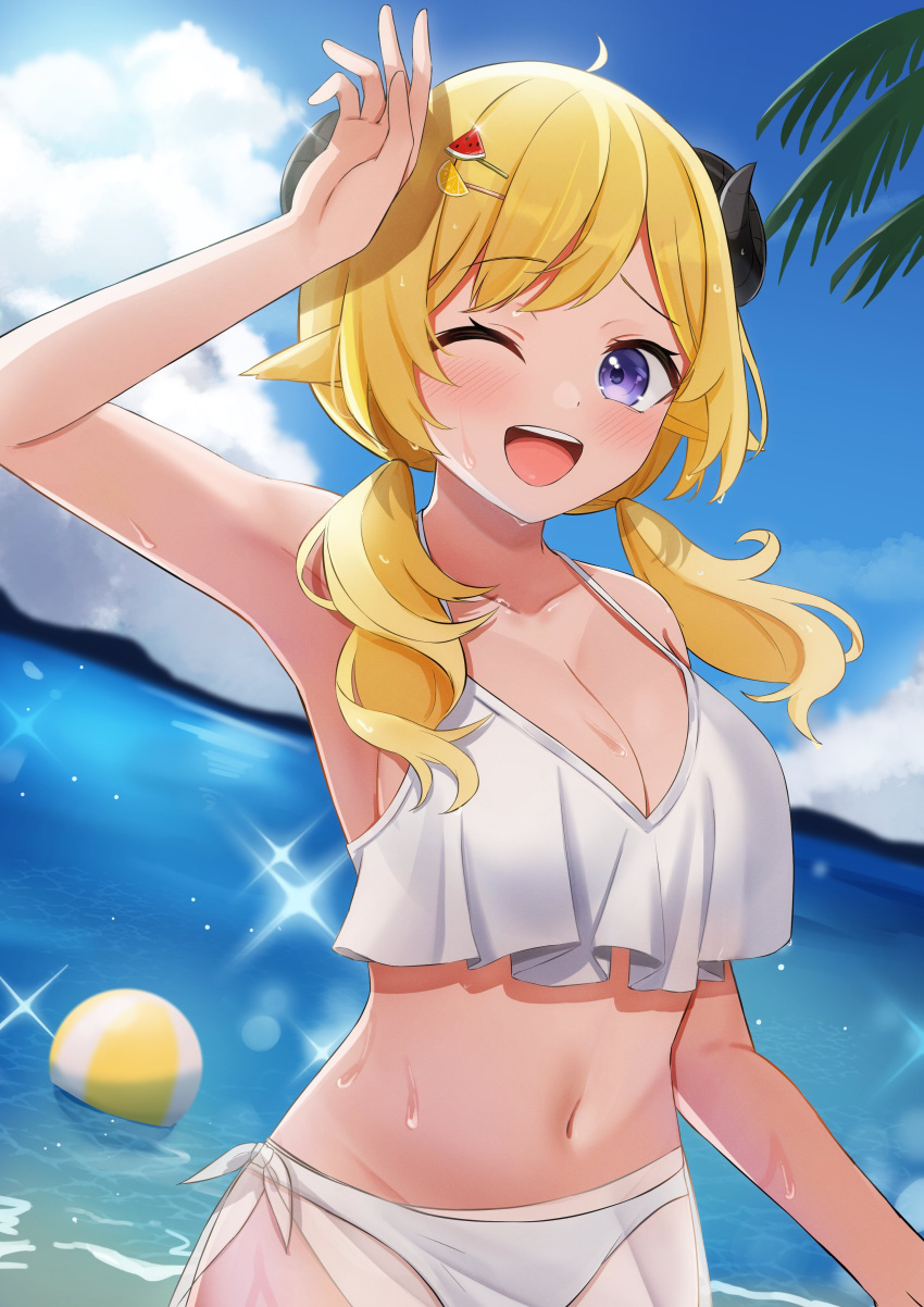 1girl ;d absurdres arm_up ball beach beachball bikini blonde_hair blue_sky blush breasts cleavage cloud collarbone curled_horns eyebrows_visible_through_hair fruit_hair_ornament hair_ornament hairclip highres hololive horns large_breasts leo_(f_mmmnkm_paint) long_hair looking_at_viewer low_twintails navel ocean one_eye_closed outdoors purple_eyes sarong sheep_girl sheep_horns sky smile solo sparkle stomach swimsuit teeth tsunomaki_watame twintails upper_body upper_teeth virtual_youtuber water wet white_bikini white_sarong