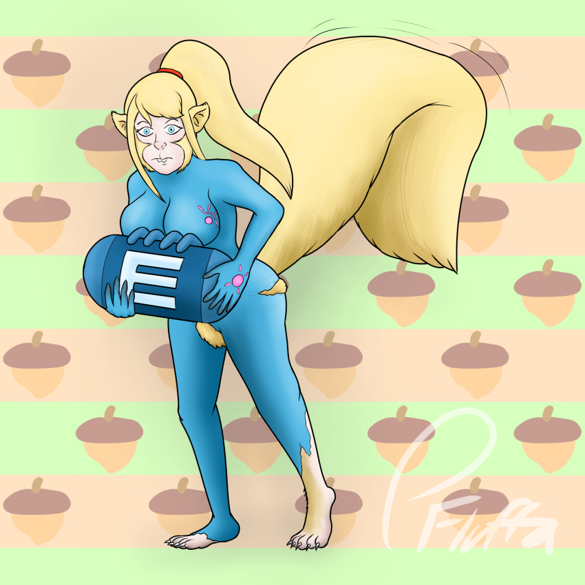 2022 5_fingers 5_toes accessory acorn alert animal_ears barefoot big_tail biped blonde_hair blonde_pubes blue_eyes breasts buckteeth butt claws clothed clothing colored container crotch_tuft digging digital_drawing_(artwork) digital_media_(artwork) facial_tuft feet female fingers food fruit fur fur_growth growth hair hair_accessory hairband hi_res holding_object human jumpsuit leaning leaning_forward light_body light_skin looking_at_viewer mammal metroid mid_transformation motion_lines nintendo nut_(fruit) pagefluffa pattern_background plant ponytail pubes raised_tail rodent samus_aran science_fiction sciurid shaded simple_background snout snout_growth solo species_transformation squirrel_tail story story_in_description tail_growth teeth tight_clothing toe_claws toes torn_clothing transformation tree_squirrel tuft video_games yellow_body yellow_fur yellow_tail zero_suit