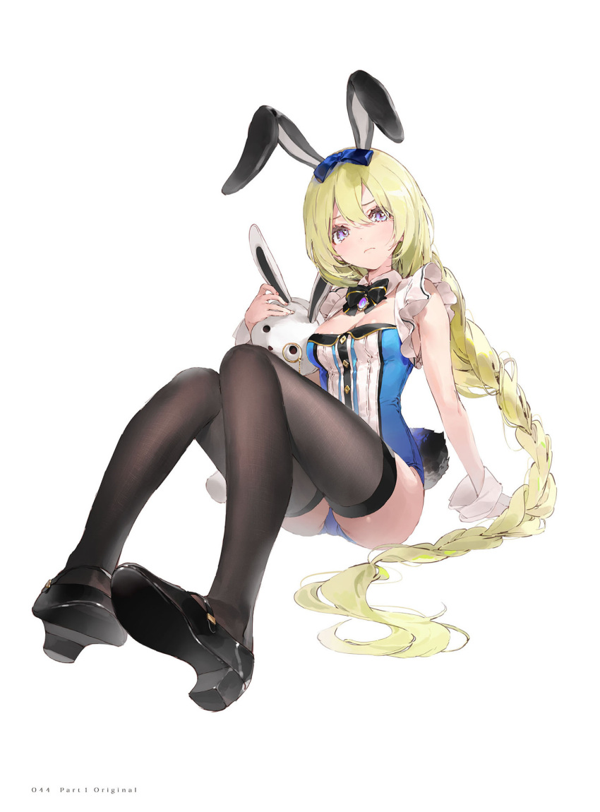 1girl animal_ears arm_support bangs black_footwear black_legwear blonde_hair blue_eyes bow braid breasts buttons cleavage closed_mouth detached_collar dsmile fake_animal_ears fake_tail fingernails full_body gold_trim highres holding leotard long_hair original page_number rabbit_ears rabbit_tail shiny shiny_hair shoes simple_background single_braid sitting sleeveless small_breasts solo stuffed_animal stuffed_toy tail thighhighs thighs white_background wrist_cuffs