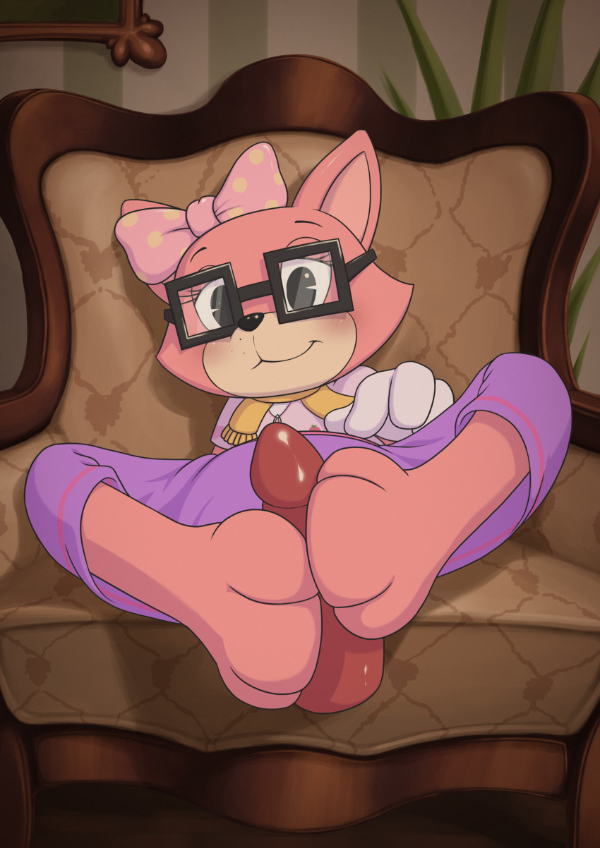 absurd_res accessory alternate_version_at_source anthro bottomwear chair clothing disembodied_penis domestic_cat eyewear feet felid feline felis female foot_fetish foot_play footjob furniture genitals glasses gloves hair_accessory hair_bow hair_ribbon handwear hi_res male mammal minum pancake_(toontown) penis pink_bow pink_clothing pink_shirt pink_topwear ribbons scarf seductive sex shirt skirt solo toontown_corporate_clash toontown_online toony toony_eyes topwear