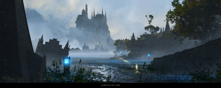 castle cliff cloud cloudy_sky elden_ring english_commentary flower fog highres moss no_humans outdoors raya_lucaria_academy ruins scenery shallow_water site_of_grace sky spire stone_lantern tower tree water ya_yan