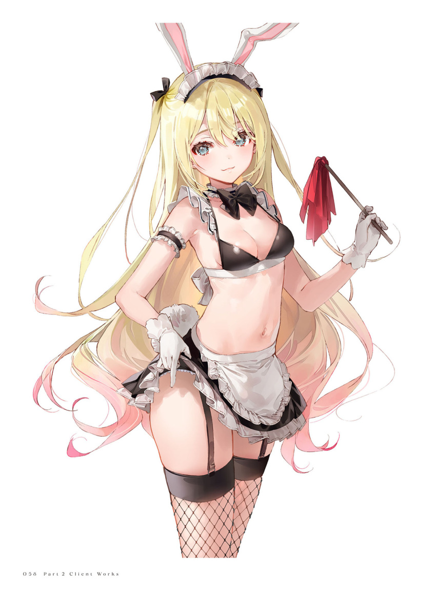 1girl animal_ears apron armband bangs bare_shoulders blonde_hair blue_eyes blush bow breasts cleavage closed_mouth detached_collar dsmile duster eyebrows_visible_through_hair fake_animal_ears fake_tail fishnet_legwear fishnets frills garter_straps gloves highres holding lifted_by_self lips long_hair maid_headdress medium_breasts midriff miniskirt navel original rabbit_ears rabbit_tail ribbon shiny shiny_hair simple_background skirt smile solo stomach tail thighs waist_apron white_gloves zettai_ryouiki