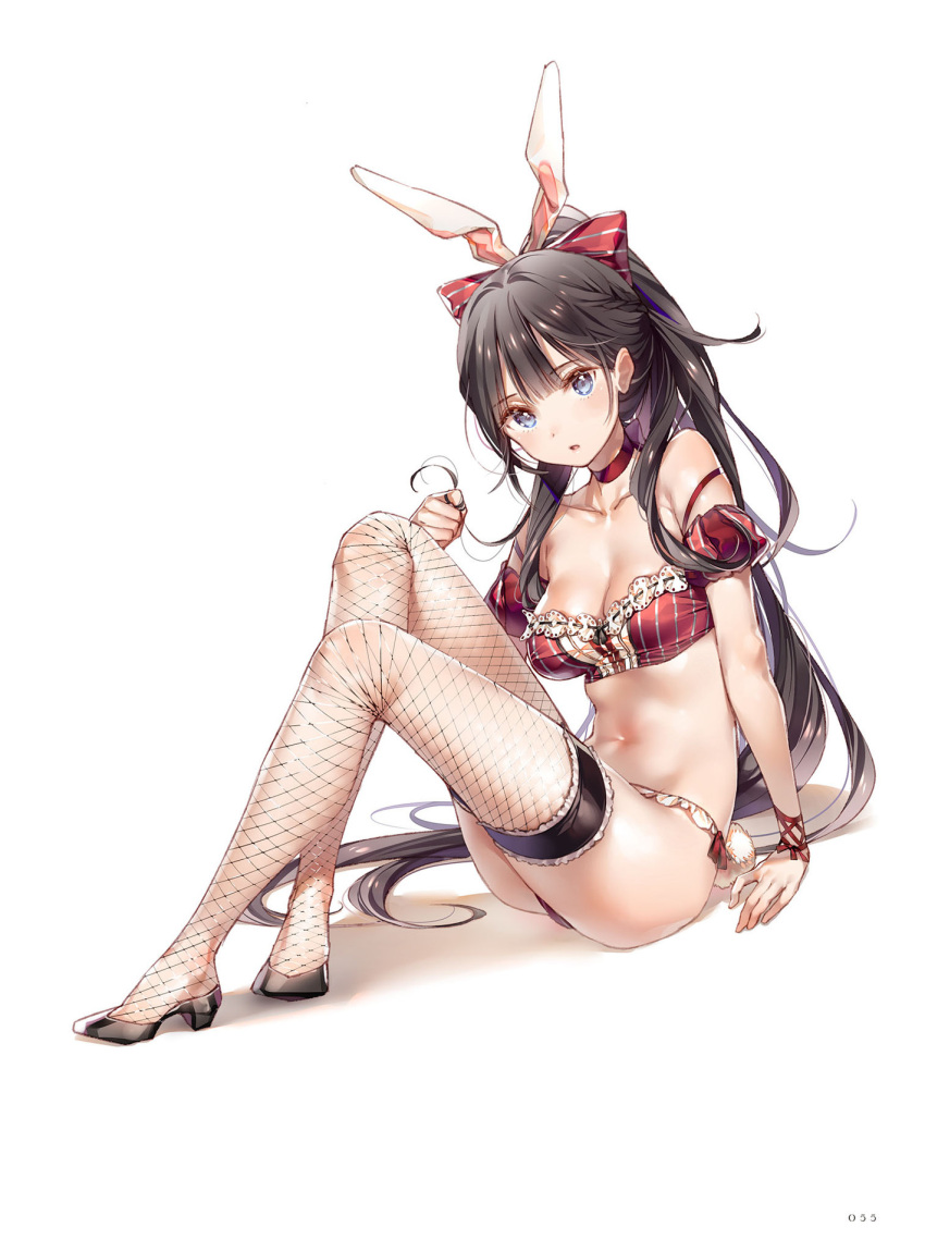 1girl animal_ears arm_support bangs bare_shoulders black_hair blue_hair breasts choker collarbone crop_top detached_sleeves dsmile eyebrows_visible_through_hair fake_animal_ears fishnets full_body high_heels highres lingerie long_hair looking_at_viewer medium_breasts navel no_bra original page_number parted_lips ponytail puffy_short_sleeves puffy_sleeves rabbit_ears rabbit_tail sarah_(dsmile) short_sleeves simple_background sitting solo striped tail underwear vertical_stripes white_background