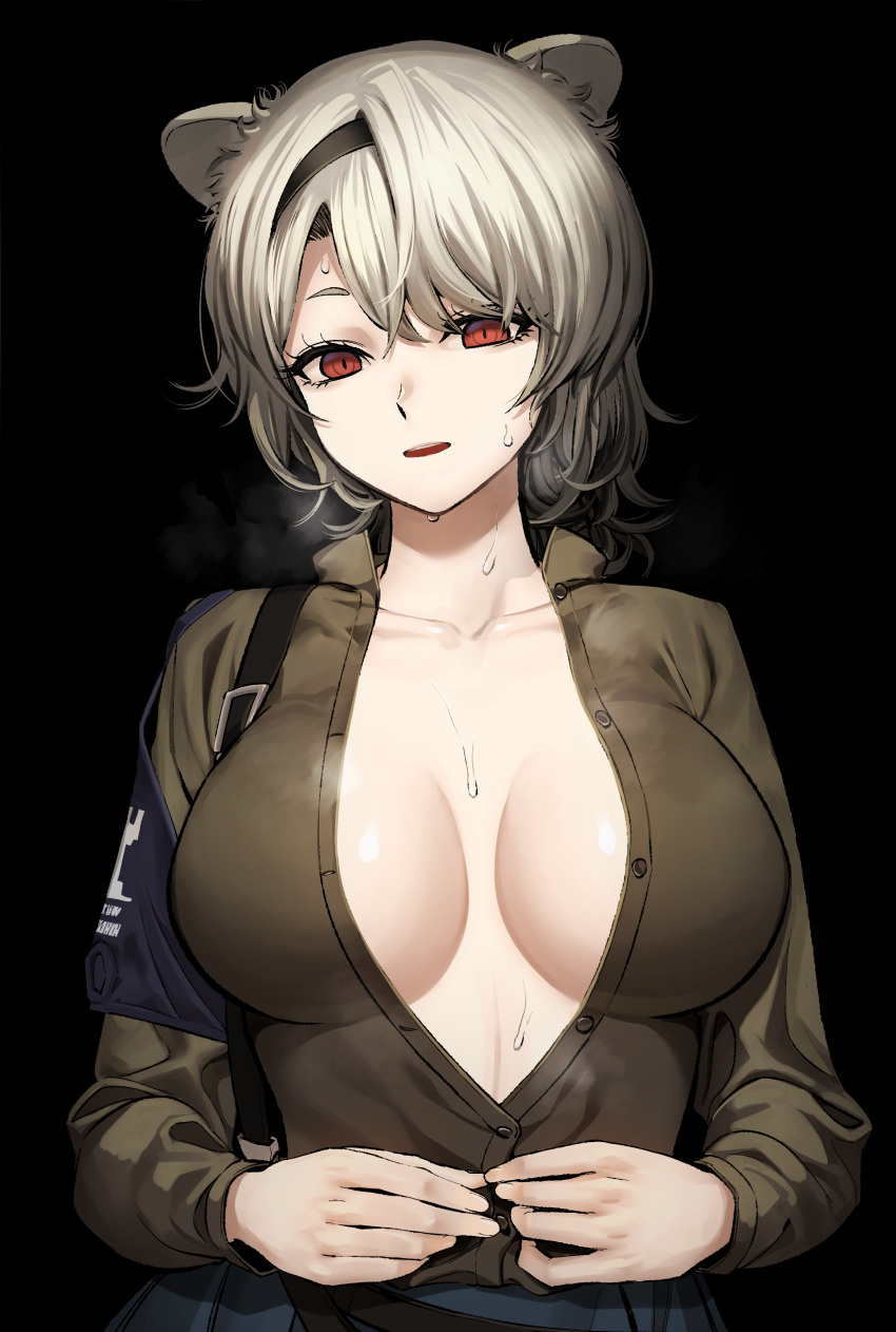 1girl :d absinthe_(arknights) absurdres animal_ears arknights armband bear_ears black_background black_hairband breasts brown_hair brown_shirt cleavage collarbone hairband highres large_breasts long_sleeves looking_at_viewer no_bra open_clothes open_mouth open_shirt rasupekuto red_eyes shirt short_hair simple_background smile solo steaming_body unbuttoned unbuttoned_shirt undressing upper_body