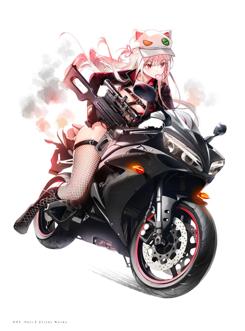 1girl animal_hat bangs black_footwear boots buttons cat_hat chewing_gum cross-laced_footwear dsmile fishnet_legwear fishnets full_body girls'_frontline gloves ground_vehicle hat highres holding holding_weapon knee_boots lace-up_boots long_hair long_sleeves motor_vehicle motorcycle official_art page_number pink_hair purple_eyes scope shiny shiny_skin simple_background solo thighhighs thighs ukm-2000_(breakneck_whirlwind)_(girls'_frontline) ukm-2000_(girls'_frontline) weapon white_background