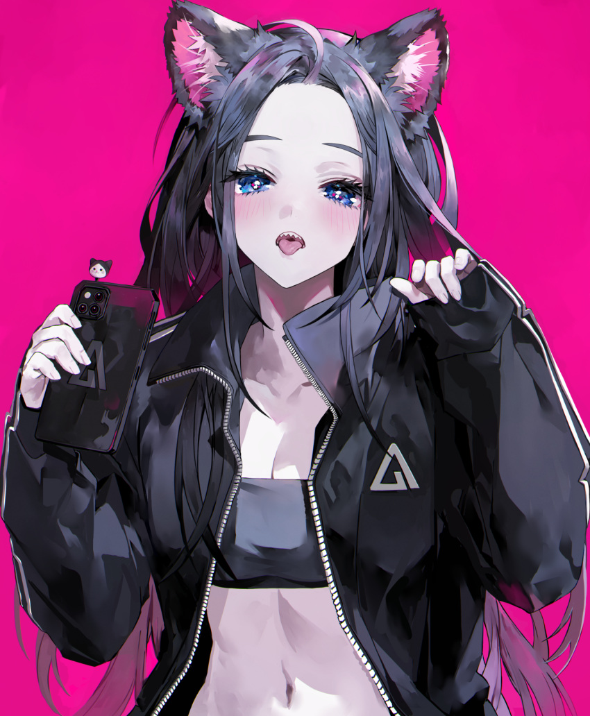 1girl animal_ear_fluff animal_ears black_hair black_jacket black_tank_top blush breasts bright_pupils cat_ears cellphone cleavage collarbone crop_top forehead highres holding holding_phone jacket long_hair looking_at_viewer midriff muaooooo nyan open_clothes open_jacket original phone red_background sharp_teeth simple_background tank_top teeth thighhighs tongue tongue_out upper_body very_long_hair zipper