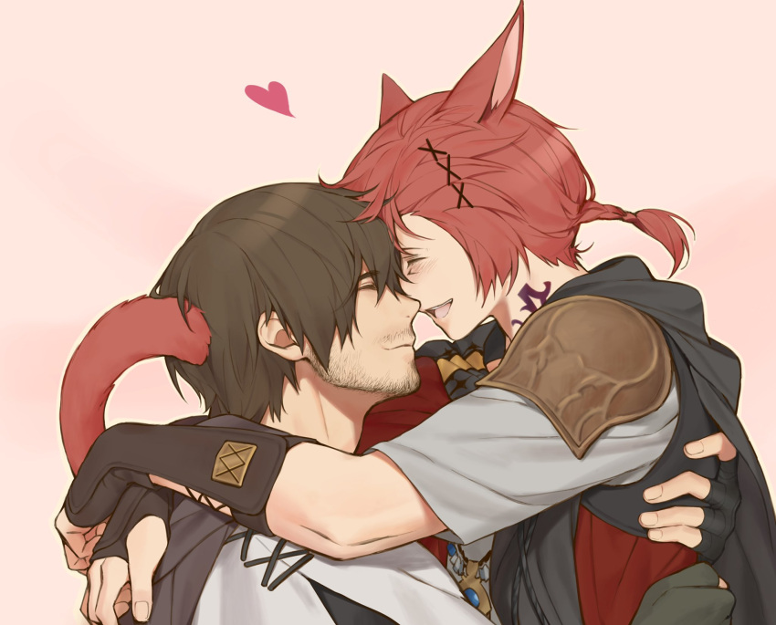 2boys ^_^ ^o^ adventurer_(ff14) animal_ears arms_around_neck black_gloves braid brown_gloves brown_hair cat_boy cat_ears cat_tail closed_eyes elbow_gloves facial_hair facial_mark facing_another final_fantasy final_fantasy_xiv fingerless_gloves forehead-to-forehead from_side g'raha_tia gloves hair_ornament hands_on_another's_back happy heads_together heart highres hug hyur light_blush male_focus mbomb miqo'te multiple_boys neck_tattoo open_mouth pink_background profile red_hair short_hair short_ponytail simple_background single_braid smile stubble tail tattoo upper_body x_hair_ornament yaoi