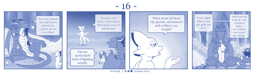 blue_and_white comic detailed_background dialogue dragon english_text female feral hi_res horn kobold larger_feral male monochrome nude size_difference smaller_female text vavacung wings