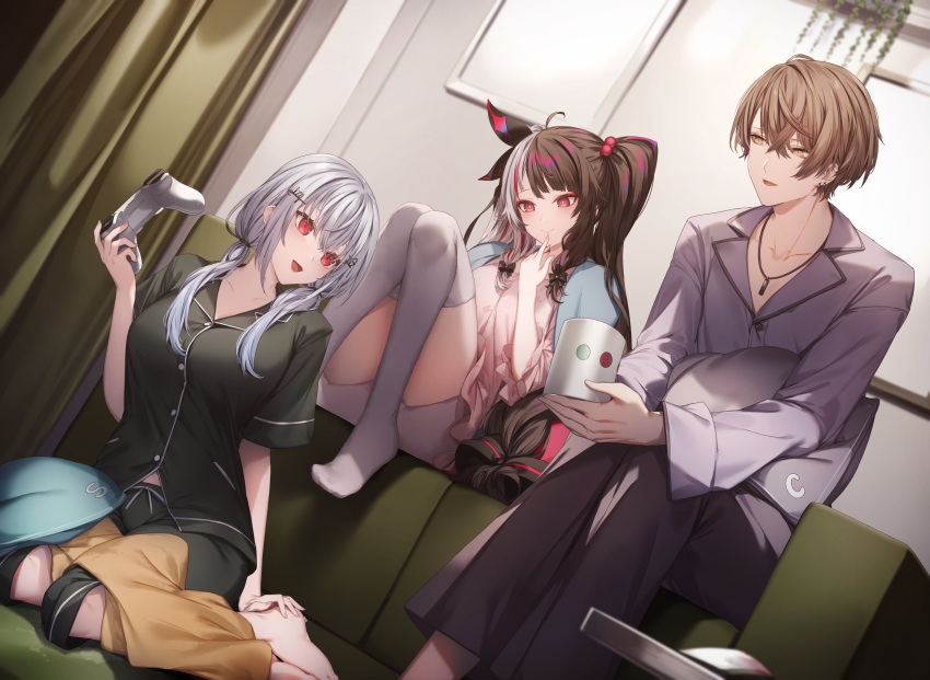 1boy 2girls absurdres alternate_costume brown_hair couch cup finger_to_mouth grey_hair hair_ornament hair_ribbon hairclip hakase_fuyuki highres holding holding_cup indoors jewelry kagami_hayato light_brown_eyes light_brown_hair long_sleeves looking_at_another low_twintails mirror multicolored_hair multiple_girls necklace nijisanji official_art pillow pink_eyes red_eyes ribbon sitting smile twintails two-tone_hair white_hair white_legwear yorumi_rena