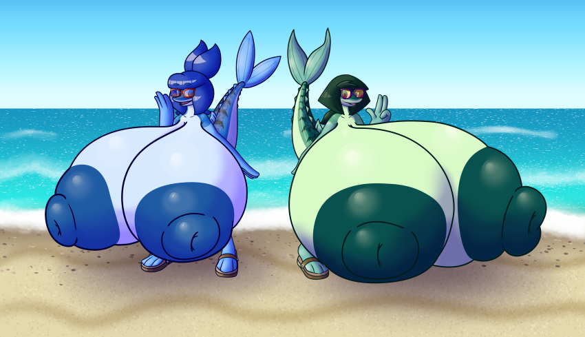 absurd_res anthro areola beach big_areola big_breasts blue_body blue_eyes blue_hair breasts duo eyewear female female/female fin fish fish_tail green_body green_eyes green_hair hair hi_res huge_areola huge_breasts huge_nipples hyper hyper_breasts mackerel_(fish) marine nipples public public_nudity puffy_areola puffy_nipples sandels scombrid scombriform sea seaside sprucy sunglasses water