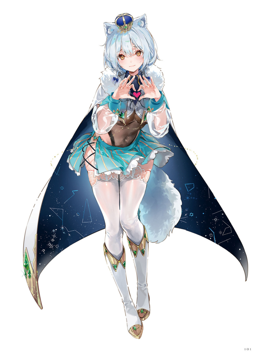 1girl animal_ears bangs blue_hair blush boots bow braid breasts brown_eyes cape cat_ears closed_mouth covered_navel crown dsmile full_body gold_trim hair_bow hair_ornament hands_up head_tilt heart heart_hands highres knee_boots leotard leotard_under_clothes long_sleeves looking_at_viewer medium_breasts mini_crown miniskirt original page_number see-through shiny shiny_clothes shiny_hair shiny_skin short_hair simple_background skirt smile solo standing tail thighhighs thighs twin_braids white_background