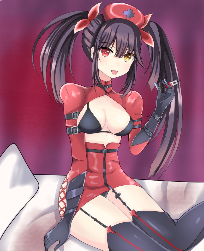 1girl black_bra black_hair black_legwear black_panties boots bra breasts catssoft1 cleavage clock clock_eyes date_a_live eyebrows_visible_through_hair eyes_visible_through_hair garter_straps hair_ribbon hat heterochromia highres ibispaint_(medium) medium_breasts needle nurse nurse_cap panties red_eyes ribbon roman_numeral shiny shiny_clothes symbol-shaped_pupils thigh_boots thighhighs tokisaki_kurumi twintails underwear uneven_twintails yellow_eyes