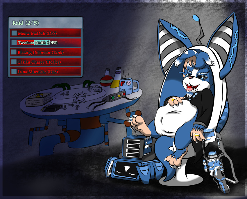 abdominal_bulge absurd_res anthro barefoot blue_background chair chua claws clothing defeated digestion egg_chair electronic_component electronic_device feet furniture game_over gameplay_mechanics gillian_ventabont(character) gun hair health_bar hi_res hindpaw jacket long_hair long_tail lunamuenster machine male mammal on_chair oral_vore paws ranged_weapon rifle robot rodent satisfied satisfied_look scrap shotgun simple_background sitting sitting_on_chair solo table teeth teeth_showing toe_claws toes tongue tongue_out topwear video_games vore weapon wildstar