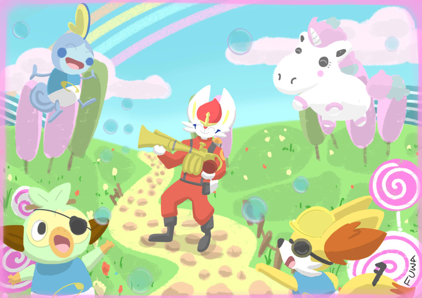 absurd_res ambiguous_gender anthro blue_body blush boots bubble canid canine cinderace clothing cloud eyewear fennec fennekin feral flower footwear fox fur galarian_ponyta goggles green_body green_fur grookey group haplorhine happy hi_res horn lagomorph landscape leporid lizard mammal monkey mr_fuwa nintendo orange_body orange_fur patch_(fabric) plant pok&eacute;mon pok&eacute;mon_(species) primate pyro_(team_fortress_2) rabbit rainbow regional_form_(pok&eacute;mon) reptile scalie sobble team_fortress_2 tools tree valve video_games white_body white_fur wrench yellow_body yellow_fur