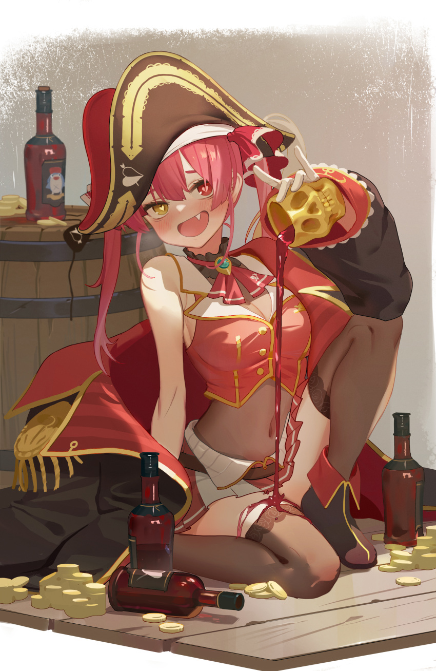 1girl :d absurdres alcohol bangs barrel black_coat black_footwear black_headwear bloop_(gawr_gura) blush bodystocking boots bottle breasts brown_legwear cleavage coat commentary covered_navel cropped_jacket cup dokuro-kun_(houshou_marine) fang full_body gold gold_coin hair_ribbon hat heart heart-shaped_pupils heterochromia highres holding holding_cup hololive houshou_marine jacket knee_up large_breasts long_hair long_sleeves miniskirt off_shoulder open_clothes open_coat pirate_hat pouring pouring_onto_self red_eyes red_hair red_jacket red_ribbon red_skirt ribbon ruiuncle skirt sleeveless sleeveless_jacket smile solo symbol-shaped_pupils thighhighs twintails virtual_youtuber wine wine_bottle yellow_eyes