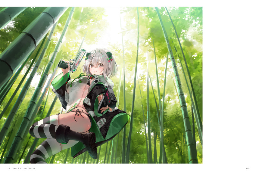 1girl bamboo bamboo_forest bangs blush boots bra breasts brown_eyes closed_mouth day dsmile dual_wielding fingernails forest fur_trim grey_hair hair_ornament highres holding holding_weapon jacket knee_boots leg_up lips long_sleeves looking_at_viewer medium_breasts nail_polish nature open_clothes original outdoors page_number panties see-through shiny shiny_hair shiny_skin side-tie_panties simple_background smile solo striped striped_legwear thighhighs thighs trigger_discipline underwear weapon