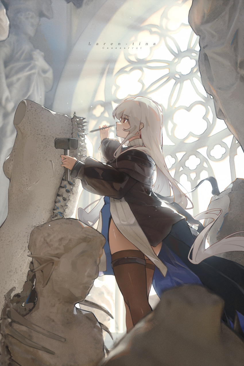 1girl absurdres arknights artist_name black_dress black_legwear character_name dress feet_out_of_frame from_side grey_hair hammer highres holding holding_chisel holding_hammer light_rays long_hair no_hat no_headwear red_eyes sculpting sculpture solo specter_(arknights) thighhighs toto_(caaaaarrot) very_long_hair
