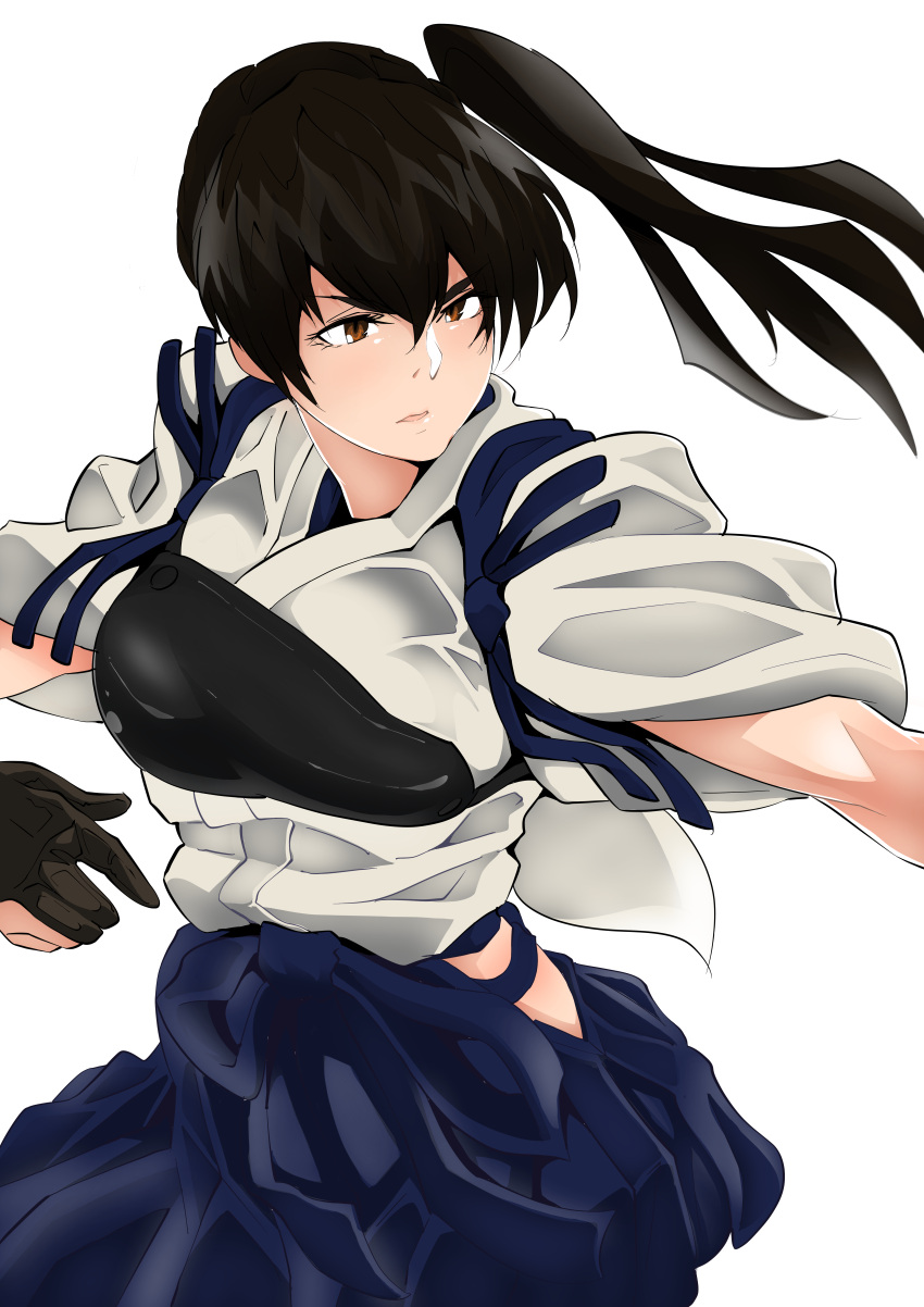 1girl absurdres black_gloves black_hair blue_hakama brown_eyes cowboy_shot gloves hakama hakama_short_skirt hakama_skirt highres japanese_clothes kaga_(kancolle) kantai_collection kimuwaipu long_hair muneate partially_fingerless_gloves side_ponytail simple_background single_glove skirt solo tasuki white_background yugake