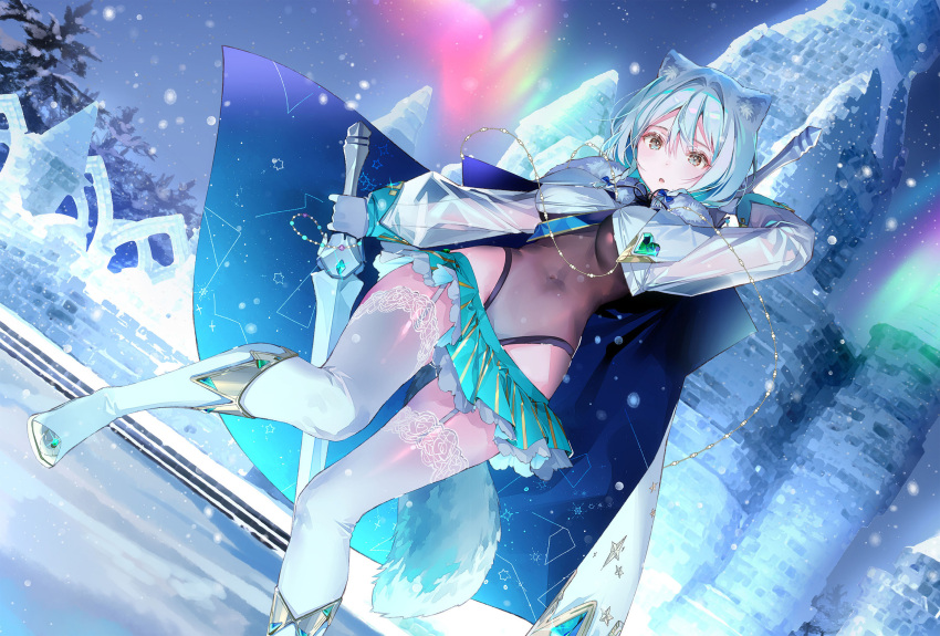 1girl animal_ears arm_up aurora bangs blue_hair boots bow braid breasts cape cat_ears covered_navel dsmile fur_trim garter_straps gloves gradient gradient_clothes hair_bow highres holding holding_weapon ice knee_boots leotard long_sleeves medium_breasts miniskirt original outdoors parted_lips pleated_skirt see-through shiny shiny_clothes shiny_hair shiny_skin short_hair simple_background skirt snow snowing solo sword tail thighhighs thighs tree twin_braids weapon weapon_on_back yellow_eyes