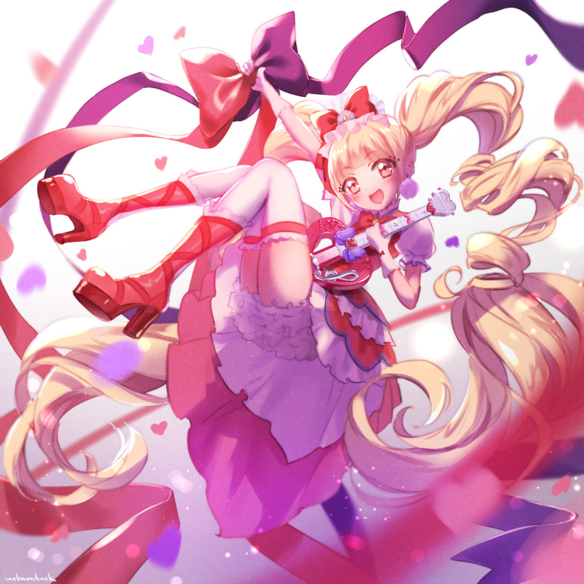 1girl :d aisaki_emiru artist_name blonde_hair blush boots bow commentary_request cure_macherie dress earrings eyelashes gloves gradient gradient_background guitar hair_bow hair_ornament hair_ribbon happy high_heel_boots high_heels highres hugtto!_precure instrument jewelry long_hair looking_at_viewer magical_girl open_mouth pink_eyes precure puffy_short_sleeves puffy_sleeves red_dress red_footwear ribbon short_sleeves signature smile solo thighhighs thighs twintails urbandusk very_long_hair white_background white_gloves white_legwear