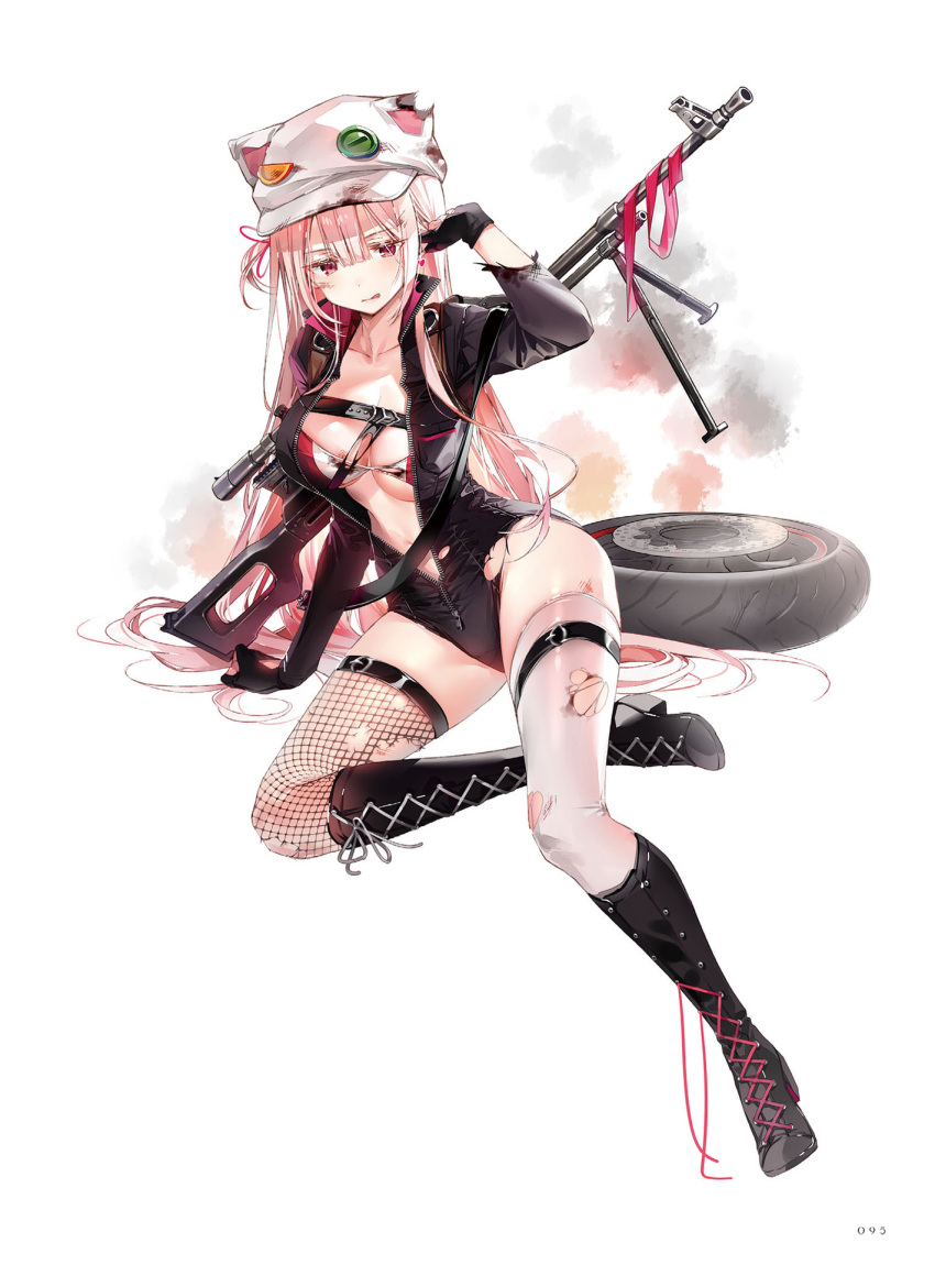 1girl animal_hat arm_support bangs black_gloves black_leotard blush boots breasts buttons cat_hat cleavage collarbone cross-laced_footwear dsmile fishnet_legwear fishnets full_body girls'_frontline gloves hat highres knee_boots lace-up_boots leotard lips long_hair long_sleeves medium_breasts official_art page_number shiny shiny_clothes shiny_hair shiny_skin simple_background sitting solo thighhighs tongue tongue_out torn_clothes torn_legwear ukm-2000_(breakneck_whirlwind)_(girls'_frontline) ukm-2000_(girls'_frontline) weapon wheel white_background white_legwear zipper zipper_pull_tab