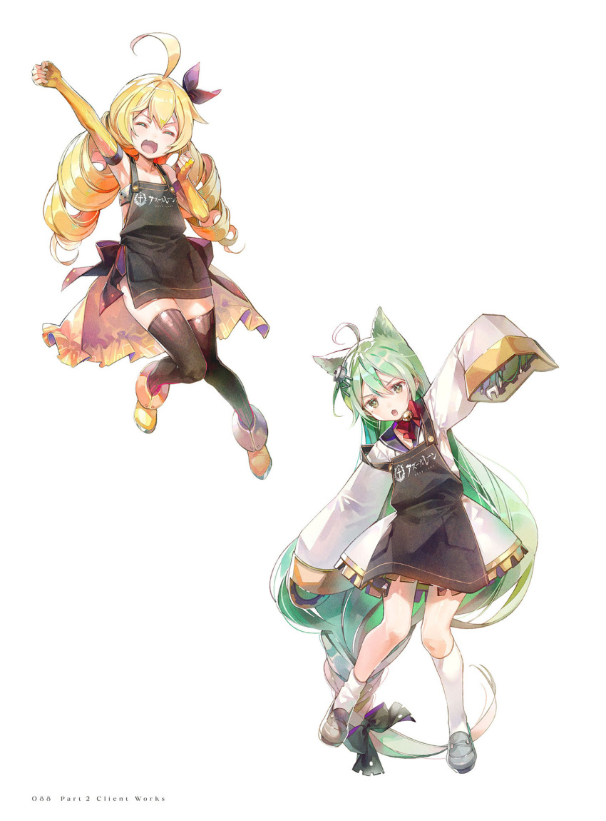 2girls ahoge akashi_(azur_lane) animal_ears ankle_boots apron arm_up armpits azur_lane bangs bell black_legwear blonde_hair blush boots bow braid cat_ears closed_eyes copyright_name dress dsmile elbow_gloves fang fingerless_gloves frills full_body gloves green_eyes green_hair hair_bow hair_ornament highres jingle_bell logo long_hair looking_at_viewer low-tied_long_hair mole mole_under_eye multiple_girls open_mouth page_number prototype_bulin_mkii_(azur_lane) shiny shiny_hair shoes short_dress simple_background single_braid skin_fang sleeves_past_wrists smile thighhighs tools very_long_hair white_background white_legwear wide_sleeves