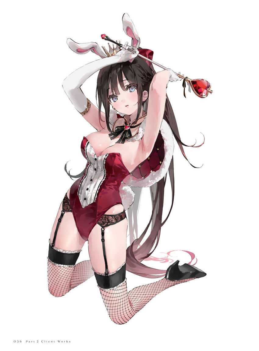 1girl animal_ears armpits asymmetrical_gloves bangs black_footwear black_hair blue_eyes blush breasts capelet cleavage crown detached_collar dsmile elbow_gloves fake_animal_ears fake_tail fishnet_legwear fishnets frills full_body fur_trim garter_straps gloves hair_ornament high_heels highres kneeling leotard long_hair looking_at_viewer mini_crown open_mouth original page_number rabbit_ears rabbit_tail scepter shiny shiny_skin simple_background solo strapless strapless_leotard tail thighs white_background white_gloves