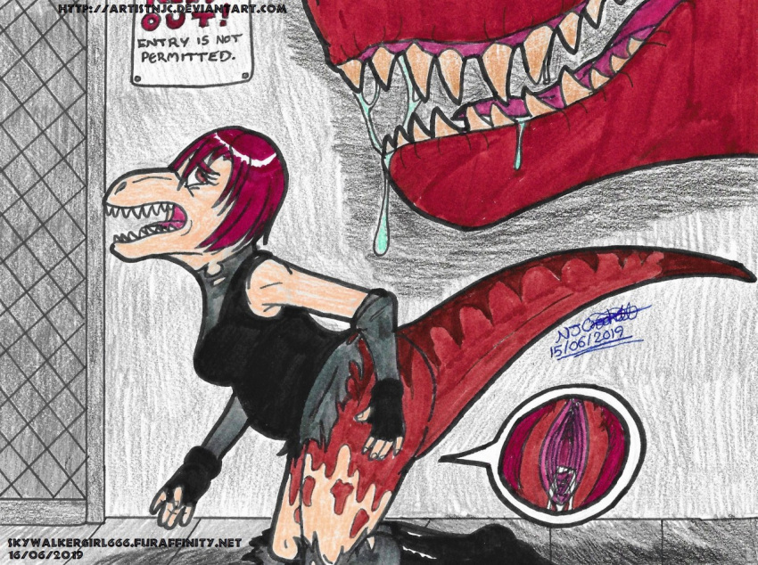 artistnjc bodily_fluids clothing colored dino_crisis dinosaur drooling duo female feral furaffinity genital_fluids genitals hair humanoid imminent_rape imminent_sex male male/female nude pussy pussy_juice raised_tail red_hair regina_(dino_crisis) reptile saliva scalie sharp_teeth signature species_transformation teeth text theropod torn_clothing traditional_media_(artwork) transformation tyrannosaurid tyrannosaurus tyrannosaurus_rex url